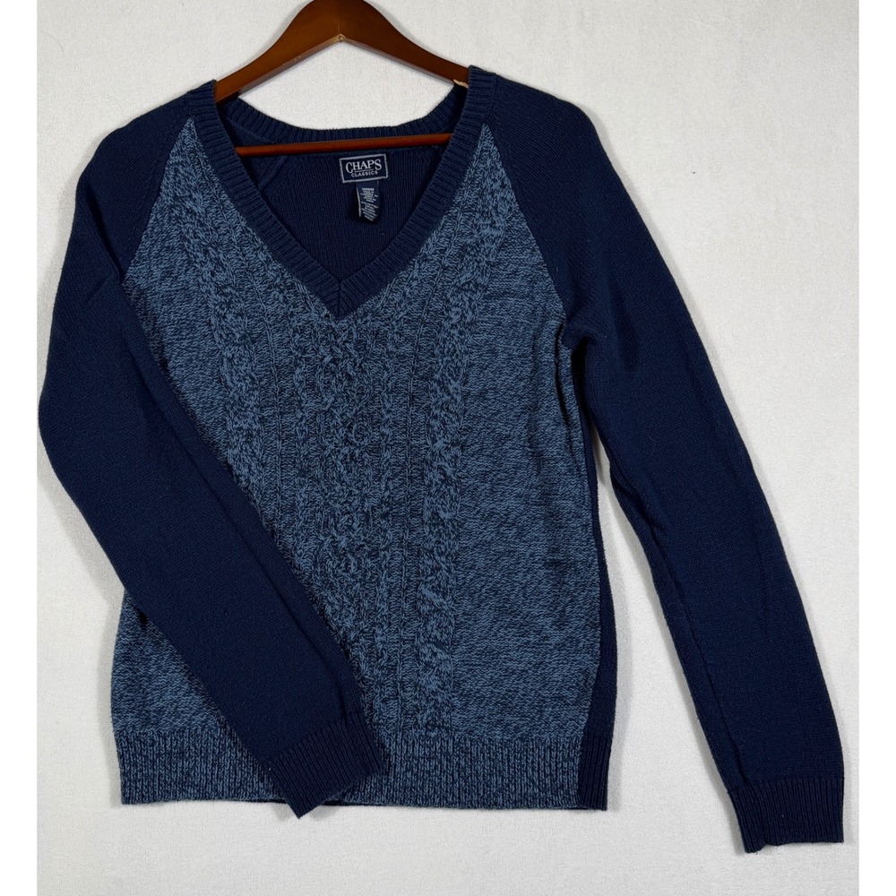 Chaps Classics Blue Cable Knit V-Neck Sweater Y2K Colorblock Raglan Medium